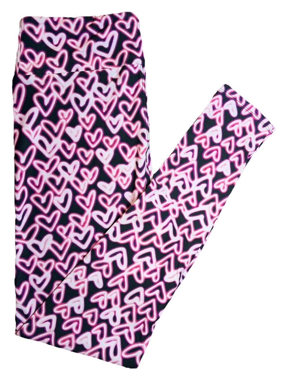 NWT LuLaRoe Pink & White Glowing Hearts Black Background Leggings Size OS (2-10)